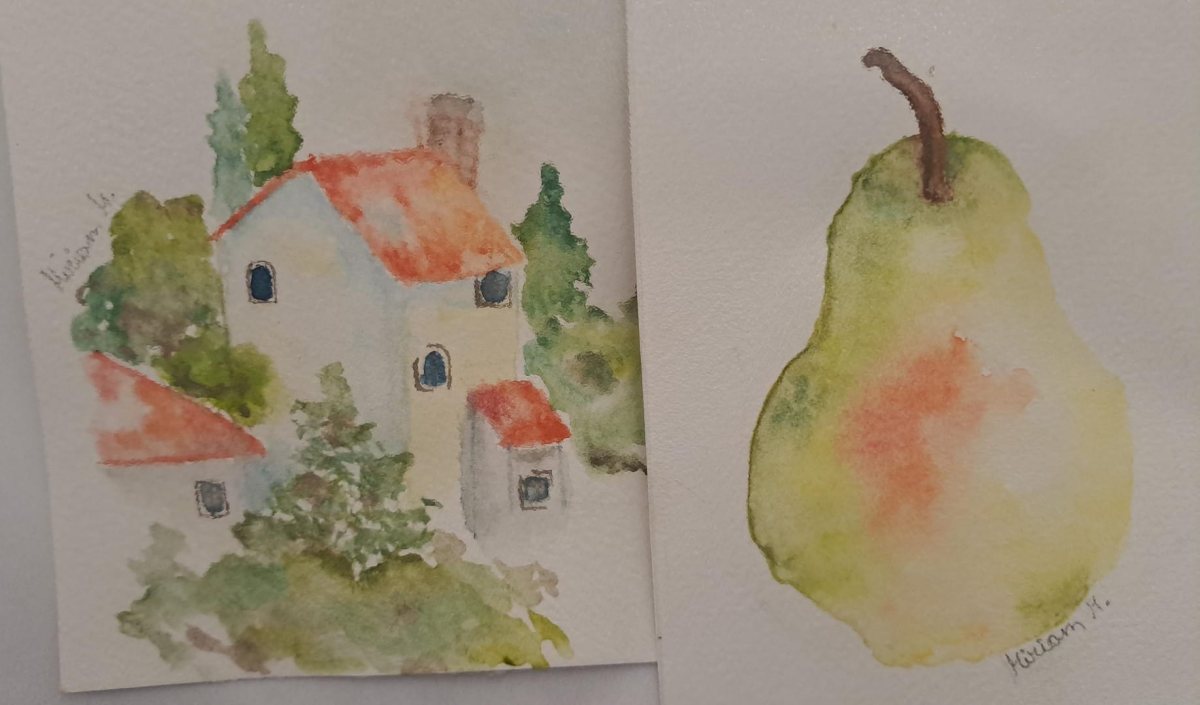 Aquarelle eines Hauses und einer Birne, Schülerarbeiten